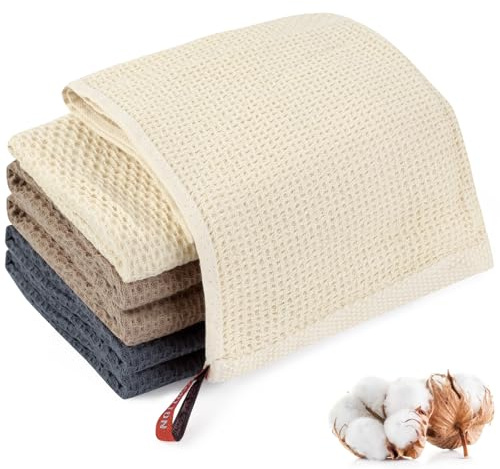 Neerow Geschirrtücher Baumwolle, 6er Spültücher Baumwolle 34 × 34 cm | Dicke Spüllappen Baumwolles mit Aufhängeschlaufe für Haushalt Küche Geschirr, Beige Grau Braun