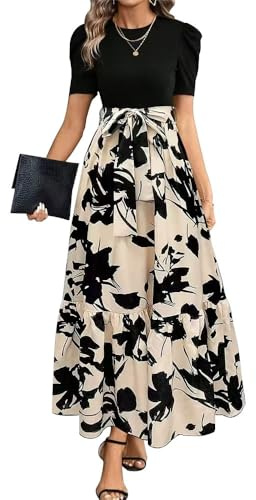 XFSRG Maxikleid Damen Rundhalsausschnitt Kurzarm Blumen Maxilang Kleid Sommer Rüschen Hohe Taille Langes Lockeres Bodenlanger Freizeitkleid(Beige/M)