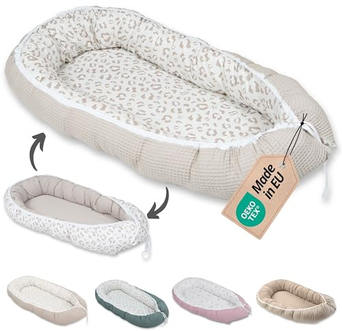 ULLENBOOM Babynest – OEKO-TEX Materialien, Made in EU – Babynestchen Neugeborene, Kuschelnest Baby, tragbares Reisebett, gepolstert & waschbar (55x95 cm)