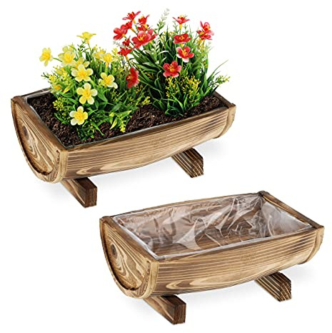 Relaxdays Blumenkasten Holz, 2er Set Pflanzkasten, HBT: 12,5 x 29,5 x 20 cm, außen & innen, Pflanzfass mit Folie, braun
