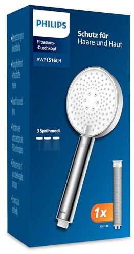 Philips Water Duschkopf mit Filter, entfernt effektiv Chlor und andere große Partikel, drei Sprühmodi, druckverstärkendes Design, 1 Monat Filterkapazität, chrom