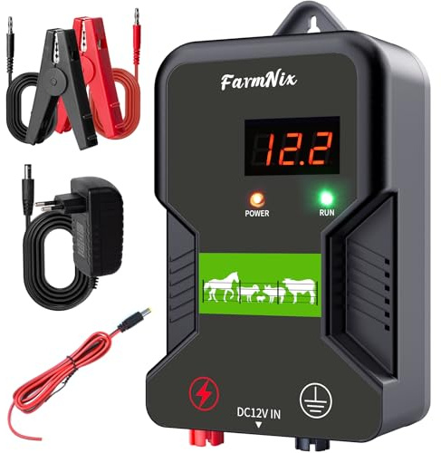 12V Weidezaungerät mit LED Anzeige, 2J Wasserdicht Elektrischer Weidezaun 230V für 15 KM Reichweite, LED Display Eelektrozaun für Schutz von Nutztieren,Haustieren,Geflügel, Hausweide,Gärten (Schwarz)