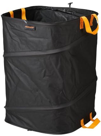 Fiskars PopUp-Gartensack mit Griffen, Platzsparend faltbar, Fassungsvermögen: 175 L, Höhe: 70 cm, Breite: 50 cm, Schwarz/Orange, Ergo, 1028372