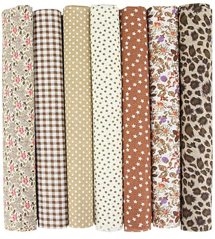 7er Set Baumwollstoff 50x50cm – Stoffe zum Nähen, Patchwork Stoffe, Stoffreste – DIY Stoff für Basteln, Quilten, Deko & Puppenkleidung – 100 % Baumwolle, Verschiedene Designs (Braun, 50x50cm)