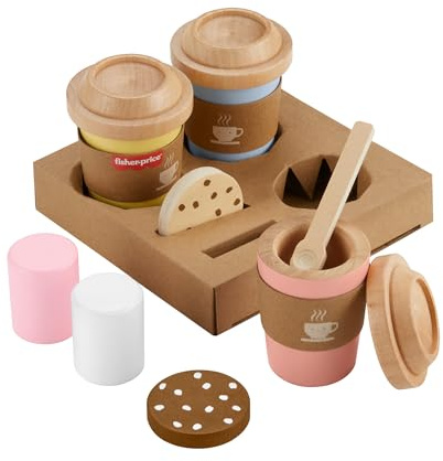 Fisher-Price Rollenspielset, Coffee-to-Go-Set aus Holz, Kaffeetassen und Leckereien für Kindergartenkinder ab drei Jahren, HXT85