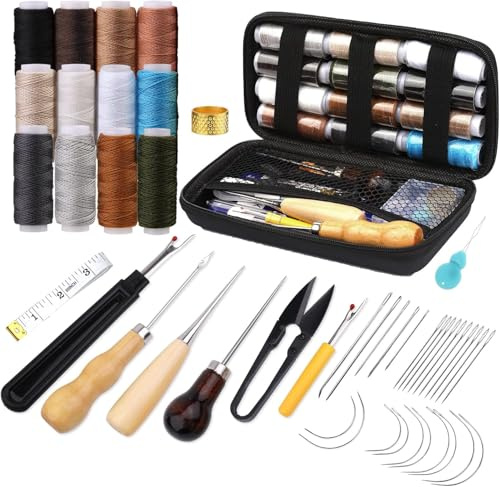 Leder-Nähset, Polsterreparaturset, 48-teiliges Hochleistungs-Nähset mit Nähnadeln, Nähahle, Nahttrenner, Nähgarn für Reparaturen, Handnähen, DIY-Lederhandwerk