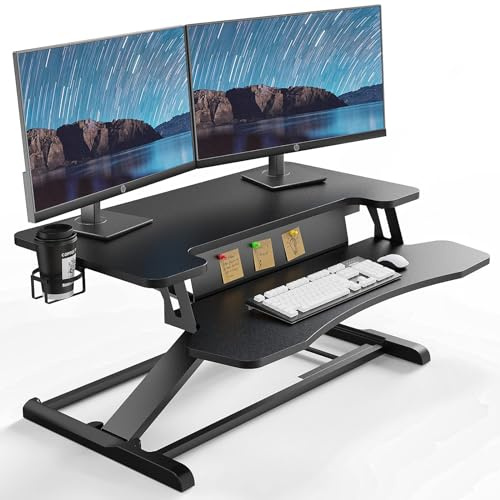 PUTORSEN Steh-Sitz Schreibtisch, 37'' Zweistufige Stehpult Konverter mit Tastaturablage, Höhenverstellbarer Stehpult Riser mit Tassenhalter und Notizbrett bis zu 15kg, Schwarz
