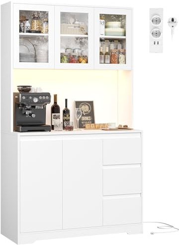 FirFurd 180 cm Küchenschrank Buffetschrank mit LED & Steckdosenleiste Vorratsschrank mit verstellbaren Einlegeböden Küchenschrank mit Arbeitsplatte Sideboard für Küche, Esszimmer 180x100x38,5 cm Weiß
