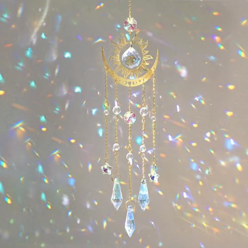 DEMIUKO Sonnenfänger Kristall Fenster Deko Sonne Mond Lichtfänge Lichtspiel | Kristall Windspiel, Prisma Kristalle zum Aufhängen, Boho Deko, Suncatcher, Balkon Fensterdeko, Geschenk für Frauen Freundin