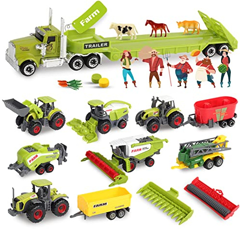 Oriate Kinder Bauernhofspielzeug, realistisches Traktor Fahrzeug, Druckguss Auto Set, pädagogische Mini Farmtiere mit Pritschenanhänger, Geburtstagsgeschenk für Kinder ab 3 Jahren