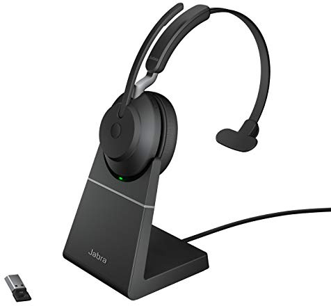 Jabra Evolve2 65 Wireless PC Headset with Charging Stand – Noise Cancelling UC Certified Mono Headphones, Long-Lasting Battery – USB-A Bluetooth Adapter – Black