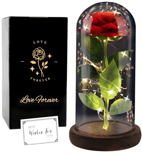 FAYODO Die Schöne und das Biest Ewige Rose, Rote Galaxie Rose Geschenk für Mama, Rose in Einer Glaskuppel mit LED Licht Holzsockel für Freundin Frau am Muttertag Geburtstag Valentinstag Jahrestag