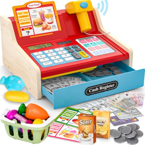 maysida Kinderkasse Holz-Registrierkasse mit Scanner & Sound für Kinder 3-5 Jahre, Spielzeug Kasse mit Scanner/Spielgeld/Münzen/EC-Karte/Einkaufskorb/Zubehör, kaufladen zubehör Idee (Blaue)