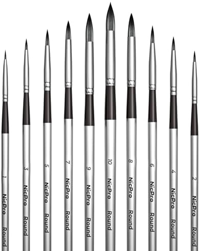 Nicpro 10 Nylon Aquarellpinsel Set, runder Pinsel für Aquarell, Wasserfarben, Acryl, Gouache, Tinte, Öl und Tempera, Künstlerpinsel, Watercolor Brush für bildende Kunst, Handwerk, Malen nach Zahlen