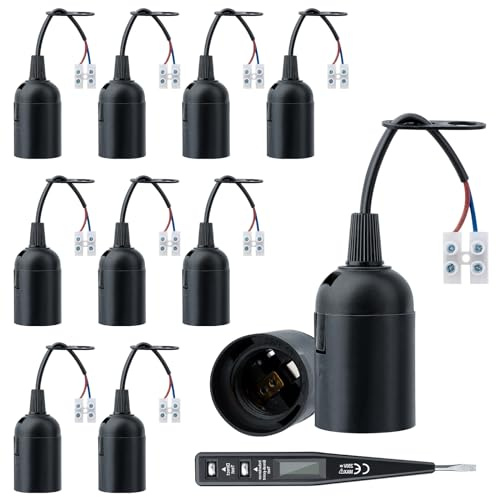 10 Stücke Fassung Renovierfassung, Lampenfassung Baustellenfassung +VDE-Spannungsprüfer, Schwarze Renovierfassung, Lampenfassung mit Kabel, Baustellenfassung E27