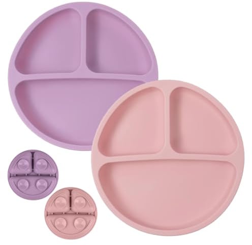 Aoslo 2er Set Silikon-Teller für Babys, Rutschfester Saugnapf Kinderteller mit 3 Fächern, Baby Tischset mit Saugnäpfen, Löffel Gabel, BPA Frei-Purpur/Rosa
