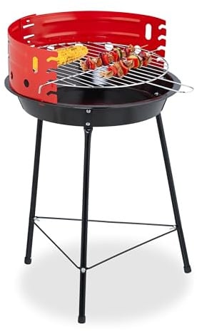 Relaxdays Holzkohlegrill, Ø 37 cm, Dreibein, Picknickgrill Garten & Park, Griller mit Windschutz, Rundgrill, schwarz/rot