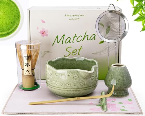 7pcs Keramik Matcha Set, Geschenk für Matcha-Anfänger und Matcha-Liebhaber | Matcha Set mit Matcha Besen, Besenhalter, Matcha Schüssel mit Auslauf, Matcha Löffel, Löffelhalter, Edelstahlsieb, Teetuch