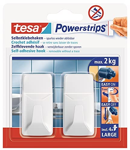 tesa Powerstrips Haken Large ECKIG - Selbstklebender Wandhaken für Glas, Kacheln, Holz, Kunststoff und andere Untergründe - Weiß