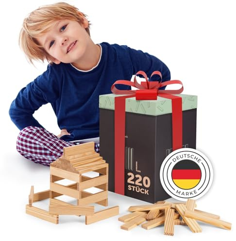 Laleni Holzbausteine Natur 220 Stück aus 100% unbehandelter Kiefer - Bausteine Holz - Holzklötze für Kinder - Holzklötzchen zum Spielen mit Box - Holzspielzeug - Bauklötze Holz - Holzstäbe zum Basteln