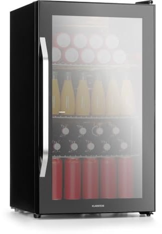 Klarstein Getränkekühlschrank, Kühlschrank Klein mit 3 Ablagen, Minikühlschrank Lautlos für Büro Camping Outdoor, mit Glastür, Mini Fridge 3-10°C, Bierkühlschrank 80 Liter, Schwarz