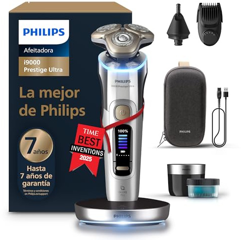 Philips Rasierer i9000 Prestige Ultra für Herren, Nass- und Trockenrasur, chrom, Druck- und Bewegungssensor, 5+1 Bartstyler, Nasenhaartrimmer, Reinigungsstation, Ladestation und Reiseetui (XP9404/38)