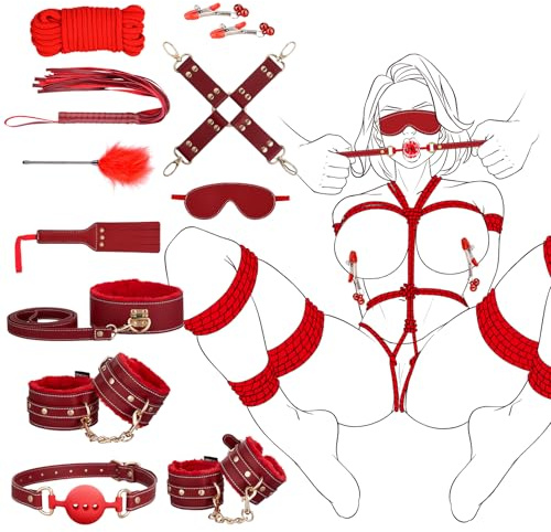 UTIMI Fesseln Set Extrem BDSM - Handschellen Augenbinde Peitsche Nippelklemmen Knebel 11 Stück Erotik SM Sex Spielzeug für Paare Extremer Anfänger und erfahrene Paare