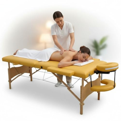 Mucola Massageliege 3 Zonen Massagetisch Holz| klappbar und höhenverstellbar | Portable Massagebank inkl. Zubehör Kopfstütze, Armlehnen und Tragetasche - Gelb