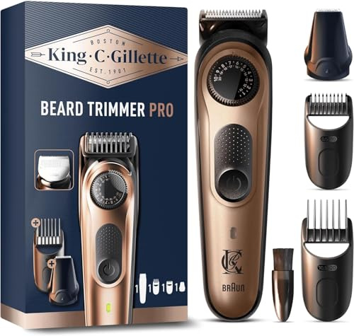 King C. Gillette Elektrischer Bartschneider Herren PRO mit Präzisionsrad für 40 Bartlängen, Ultrascharfe Lebenslang Edelstahlklingen, Abwaschbar, Unterschiedliche Kammaufsätze, Präzisionstrimmen
