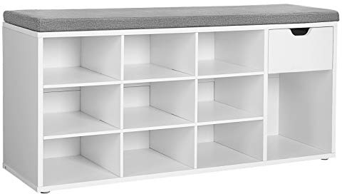 VASAGLE Schuhbank, Schuhregal mit Schublade und offenen Fächern, Sitzbank, gepolsterter Sitz, Flur, Schlafzimmer und Eingangsbereich, 30 x 104 x 48 cm, weiß-grau LHS24WT