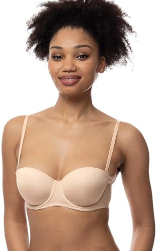 Dorina Damen Michelle Bügel-Bandeau-BH - Leicht Gepolsterte, Geformte Körbchen, Mehrweg Verstellbare Träger, Transparente Träger Inklusive, Beige