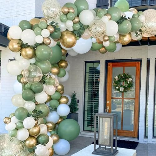 Luftballons Eukalyptus Grün Gold Weiß,152 Stück Retro Olive Salbei Grün Gold Weiß Helium Ballons Set,Sage Green Hochzeit Set für Geburtstag Baby Shower Jubiläum Party Dekoration