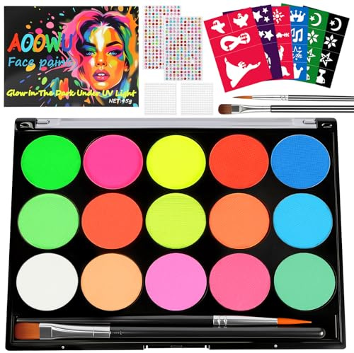 AOOWU UV Bodypainting, 15 Farben Halloween Schminke Erwachsene Kinder, Neon UV Schminke Set, Waschbar Profi-Aqua Kinderschminke,Schwarzlicht Farbe Neon Schminken für Halloween Karneval Make-up