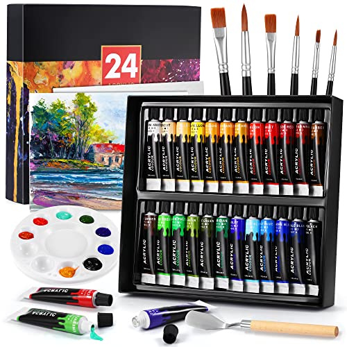 DazSpirit Acrylfarben-Set Mit 24 Farben, Acrylic Paint Set | Mit 6 Pinseln, 2 Leinwänden, Mischpalette und Malmesser; mischbar, für Künstler, Anfänger & Hobby-Maler sowie Stein und Holz