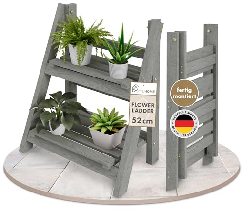 TTL HOME Blumenleiter 52cm Flower Ladder S 52x41x24cm hellgrau 2-Stufen - | Holz Leiterregal Blumentreppe Blumenregal Pflanzentreppe Kräuterregal für innen & draußen Balkon Terrasse Outdoor klappbar