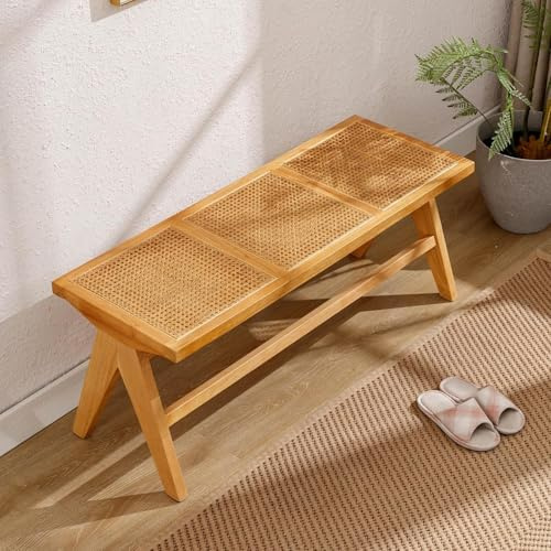 chairus Esszimmerbank Rattan Geflochten Massivholzbeine Landhaus Stil Gelb | geflochtene Rattan-Oberfläche, Massivholzbeine, Landhaus-Stil, Ottomane, für Küche, Schlafzimmer, Eingangsbereich