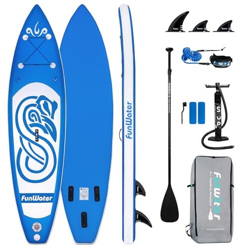 FunWater Stand Up Paddling Board Aufblasbares SUP Board mit Paddel, Flossen, Rucksack, Pumpe, Reparaturset, Leash
