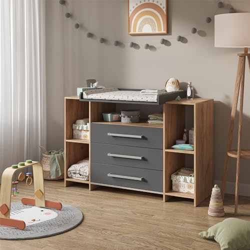 Vicco Wickelkommode Oskar, Anthrazit/Sonoma, 143 x 100 cm | XL mit Schubladen, geeignet als Wickelstation mit erweiterbarem Ablagebereich