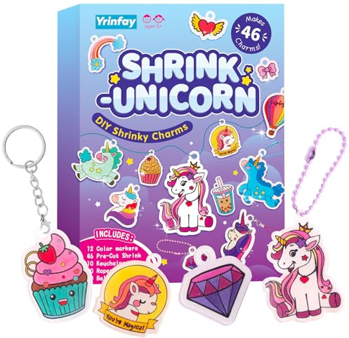 89PC DIY Einhorn Schrumpffolie Bastelset Kinder - 46 Vorgeschnittene Formen, 12 Markierstifte & Zubehör – DIY Anhänger, Schlüsselanhänger & Etiketten - Basteln Mädchen - Geschenk mit Schrumpfpapier