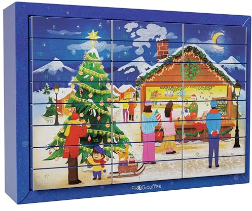 Tee-Adventskalender von FROG.coffee | 24 Tage Genuss mit 48 Teebeuteln in 24 verschiedenen Sorten von Top Marken wie Meßmer, Niederegger, Sonnentor, Teekanne, Bad Heilbrunner uvm | 2-in-1-Design