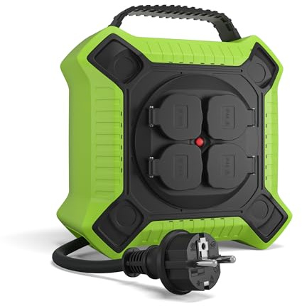 MutecPower Kabeltrommel 15m Outdoor IP44 mit 4 schutzkontaktsteckdosen, kabelrolle außen H05RR-F 3G1,5 Schwartz/Grün