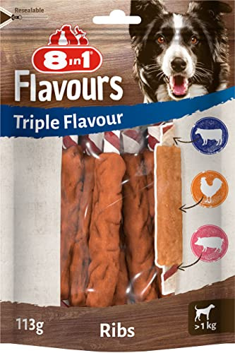 8in1 Triple Flavour Ribs Kaustangen für Hunde - Kausnacks mit extra viel Fleisch, 113g Beutel (ca. 6 Stück)