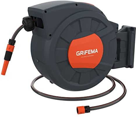 GRIFEMA G301-35, Schlauchtrommel zur Wandmontage, Schlauchbox mit 35m Schlauch, Wandschlauch-Aufroller mit 180° Drehung, Automatische Aufrollung mit verstellbarer Düse