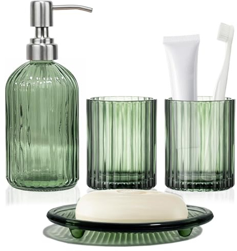 4-teiliges Grün Badezimmer Zubehör Set, Badaccessoires Organizer: Seifenspender, Zahnbürstenhalter, Becher, Seifenschale, Moderne Seifenspender Zahnputzbecher Set für Bad, Waschbecken