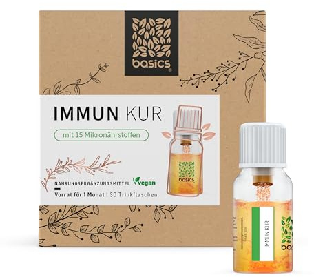 IMMUN KUR - Immunsystem stärken mit basics - Monatskur, 30 x 10ml Fläschchen - Hochdosiert, Kombination aus 15 Mikronährstoffen. Ohne unerwünschte Zusätze - Vegan - Laborgeprüft