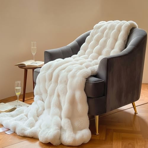 Kuscheldecke Flauschig Kaninchen Plüsch Decke Kunstfell Warme Überwurfdecke Sofadecke Vielseitig Blanket für Couch Bett Sofa (Weiß, 130 * 160cm)