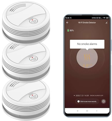 XNY WLAN-Rauchmelder mit App-Benachrichtigungen, Feuermelder mit Austauschbarer Batterie, EN 14604 Zertifiziert, 90 dB Hörbarer Alarm, Funktioniert mit Tuya und Smart Life Kostenlose APP, 3 Stück