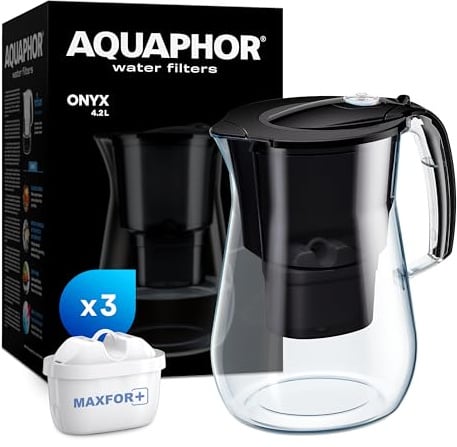 AQUAPHOR Onyx Wasserfilterkanne 4,2 l, zur Reduzierung von Kalk, Chlor und anderen Verunreinigungen, inklusive 3 x Maxfor+ Filterpatronen - Premium Wasserfilterkanne in Glasoptik. - Schwarz