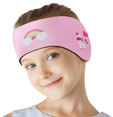 HeySplash Schwimmband, Haarband aus Neopren, wasserdicht, hohe Elastizität, Haarband mit lebendigem Einhorn-Motiv zum Schwimmen und Surfen, M – Rosa Einhorn
