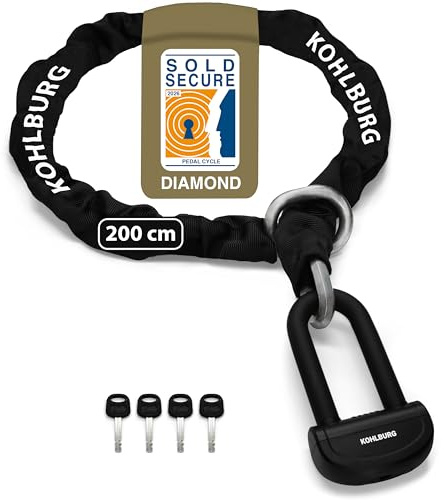 KOHLBURG 8kg massives 200cm Sicherheits- Motorradschloss | VdS zertifiziert | Kettenschloss Typ Alcatraz höchste Sicherheitsstufe 15+/15 – 13mm Spezialstahl-Kette – Schloss lang für Motorrad Vespa Ebike